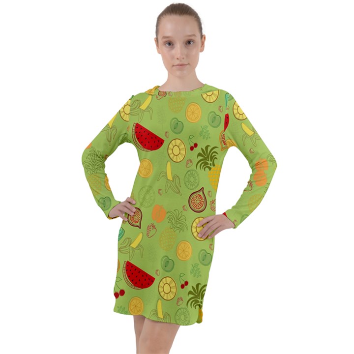 Art Fruits Pattern Long Sleeve Hoodie Dress