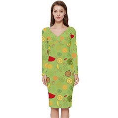 Art Fruits Pattern Long Sleeve V-neck Bodycon Dress 