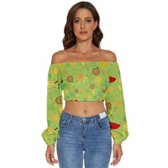 Art Fruits Pattern Long Sleeve Crinkled Weave Crop Top