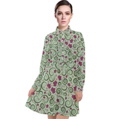 Swirls Foliage Leaves Green Long Sleeve Chiffon Shirt Dress