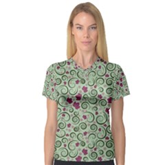 Swirls Foliage Leaves Green V-neck Sport Mesh T-shirt