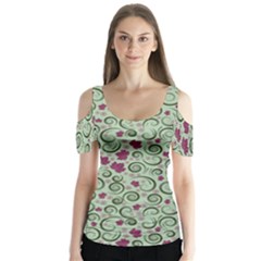 Swirls Foliage Leaves Green Butterfly Sleeve Cutout T-shirt 