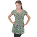 Swirls Foliage Leaves Green Puff Sleeve Tunic Top View1