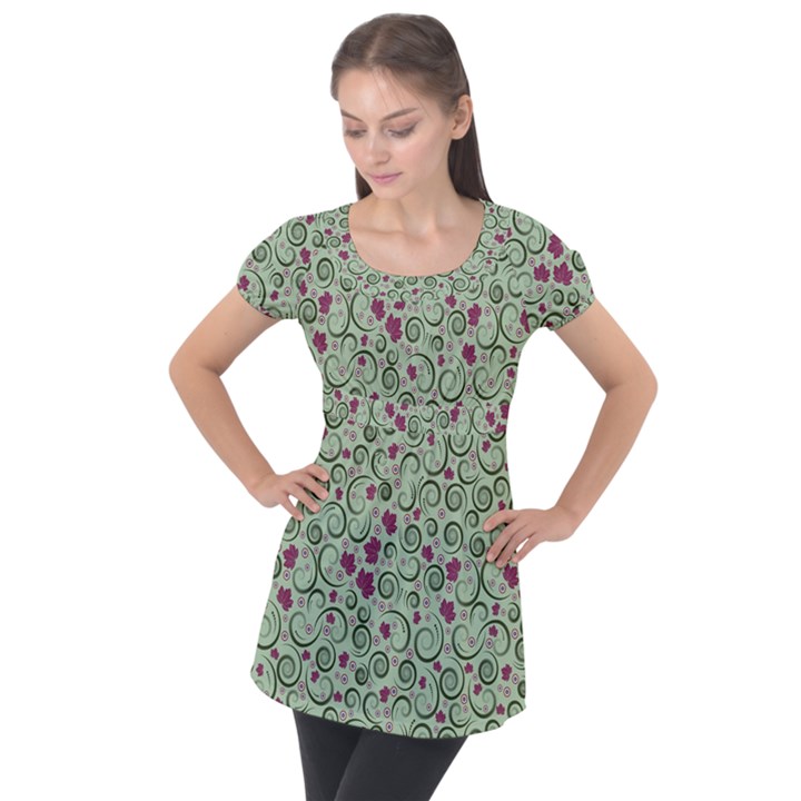 Swirls Foliage Leaves Green Puff Sleeve Tunic Top