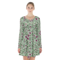 Swirls Foliage Leaves Green Long Sleeve Velvet V-neck Dress