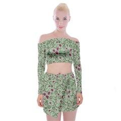 Swirls Foliage Leaves Green Off Shoulder Top With Mini Skirt Set