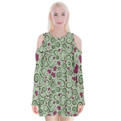 Swirls Foliage Leaves Green Velvet Long Sleeve Shoulder Cutout Dress