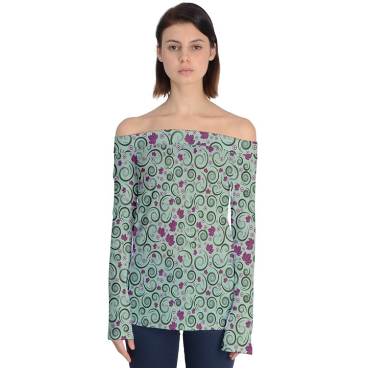 Swirls Foliage Leaves Green Off Shoulder Long Sleeve Top