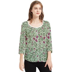 Swirls Foliage Leaves Green Chiffon Quarter Sleeve Blouse