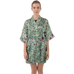 Swirls Foliage Leaves Green Half Sleeve Satin Kimono 