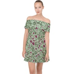 Swirls Foliage Leaves Green Off Shoulder Chiffon Dress