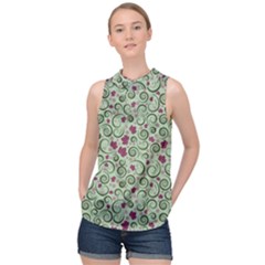 Swirls Foliage Leaves Green High Neck Satin Top