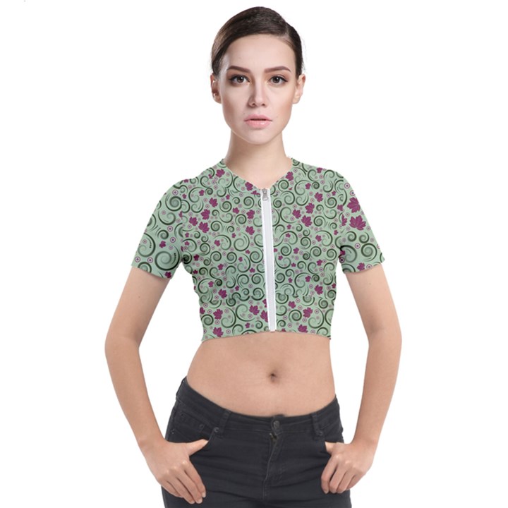 Swirls Foliage Leaves Green Short Sleeve Cropped Jacket