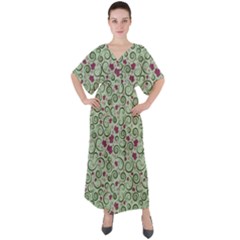 Swirls Foliage Leaves Green V-neck Boho Style Maxi Dress