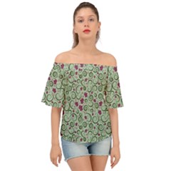 Swirls Foliage Leaves Green Off Shoulder Short Sleeve Top