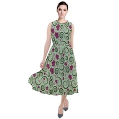 Swirls Foliage Leaves Green Round Neck Boho Dress