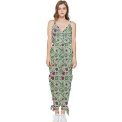 Swirls Foliage Leaves Green Sleeveless Tie Ankle Chiffon Jumpsuit