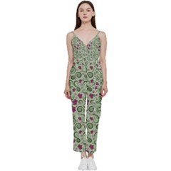 Swirls Foliage Leaves Green V-neck Camisole Jumpsuit