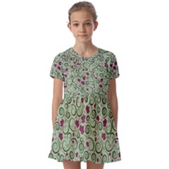 Swirls Foliage Leaves Green Kids  Short Sleeve Pinafore Style Dress