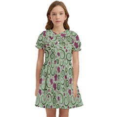 Swirls Foliage Leaves Green Kids  Bow Tie Puff Sleeve Dress