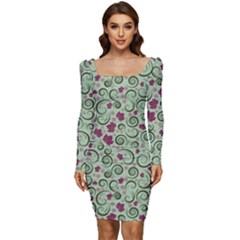 Swirls Foliage Leaves Green Women Long Sleeve Ruched Stretch Jersey Dress