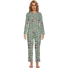 Swirls Foliage Leaves Green Womens  Long Sleeve Lightweight Pajamas Set