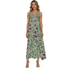 Swirls Foliage Leaves Green V-neck Sleeveless Loose Fit Overalls