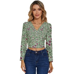 Swirls Foliage Leaves Green Long Sleeve V-neck Top