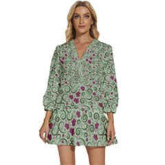 Swirls Foliage Leaves Green V-neck Placket Mini Dress