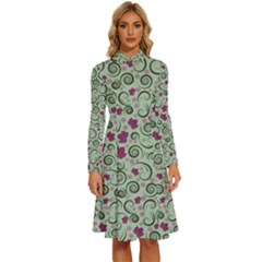 Swirls Foliage Leaves Green Long Sleeve Shirt Collar A-line Dress by Maspions