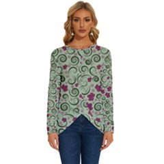 Swirls Foliage Leaves Green Long Sleeve Crew Neck Pullover Top by Maspions