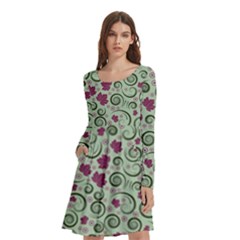 Swirls Foliage Leaves Green Long Sleeve Knee Length Skater Dress With Pockets