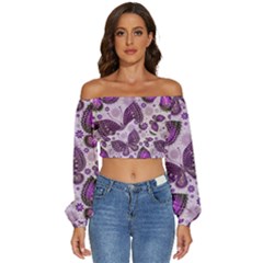 Butterflies Butterfly Insect Animal Nature Long Sleeve Crinkled Weave Crop Top