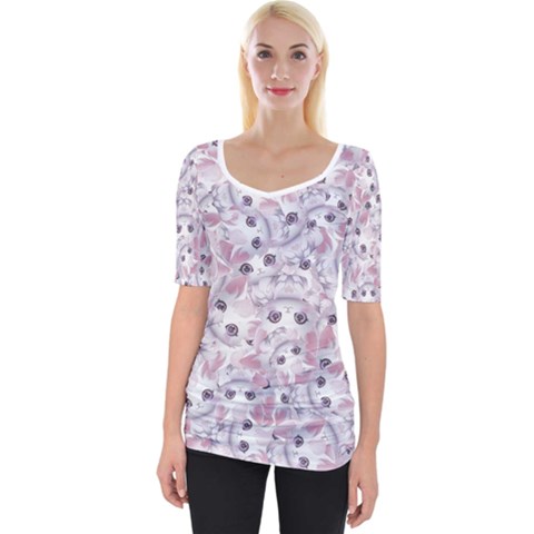 Sweet Kawaii Kitty Pattern (ai) Bk Wide Neckline T-shirt by dflcprintsclothing