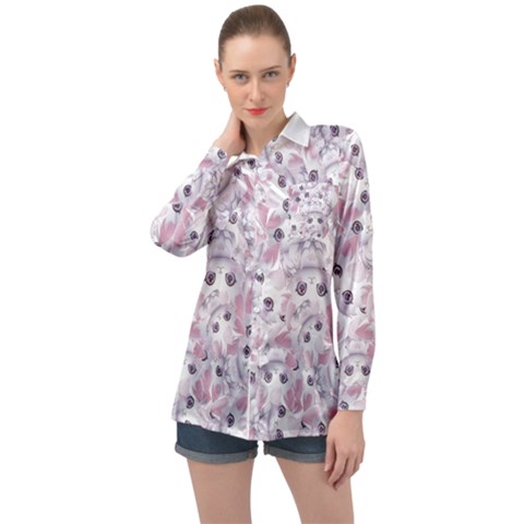 Sweet Kawaii Kitty Pattern (ai) Bk Long Sleeve Satin Shirt by dflcprintsclothing