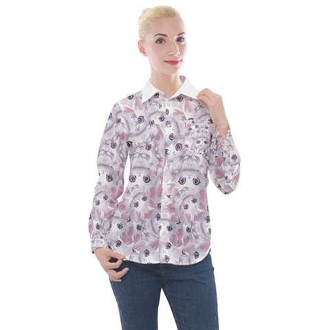 Sweet Kawaii Kitty Pattern (ai) Bk Women s Long Sleeve Pocket Shirt by dflcprintsclothing