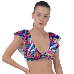 Colorful Candy Texture, Close-up Plunge Frill Sleeve Bikini Top