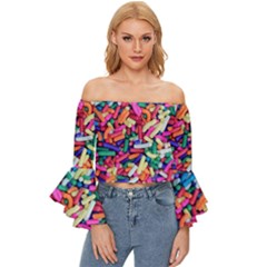 Colorful Candy Texture, Close-up Off Shoulder Flutter Bell Sleeve Top