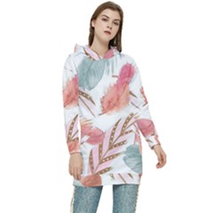 Feathers, Boho, Cute, Feather, Pastel Women s Long Oversized Pullover Hoodie