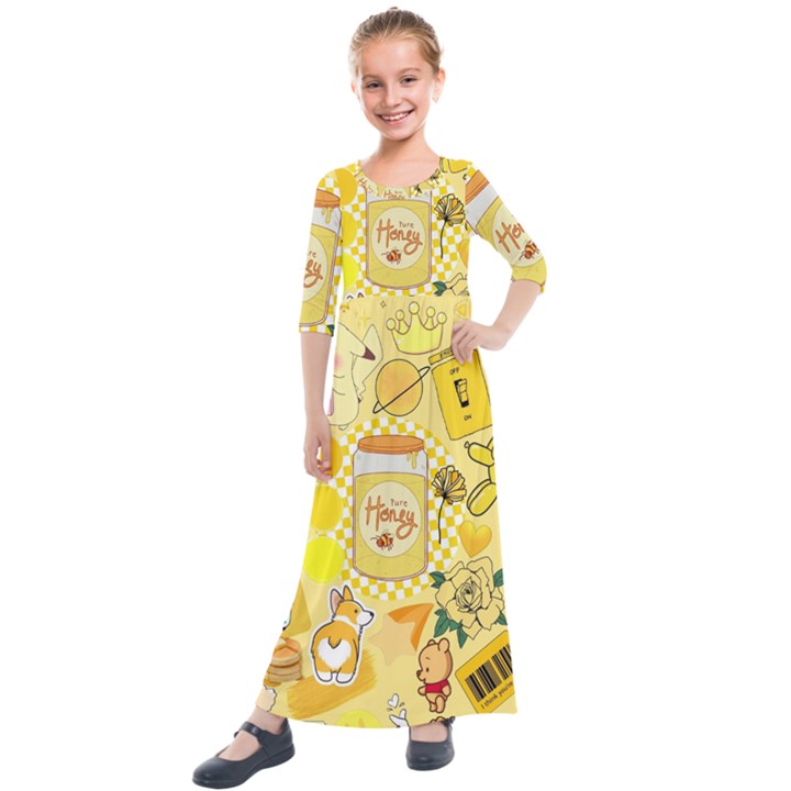 Marillo Pastel Zkt, Aesthetic, Stickers, Yellow Kids  Quarter Sleeve Maxi Dress