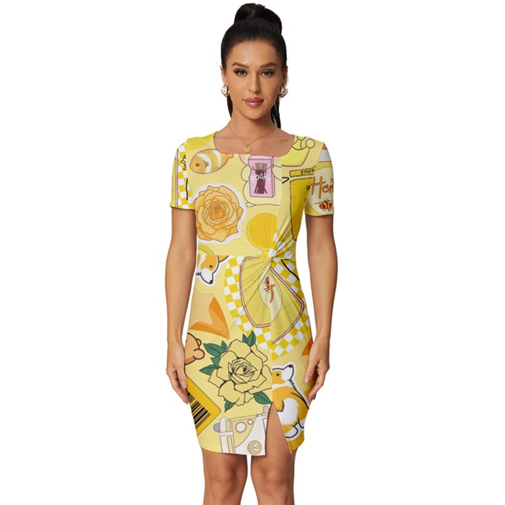 Marillo Pastel Zkt, Aesthetic, Stickers, Yellow Fitted Knot Split End Bodycon Dress