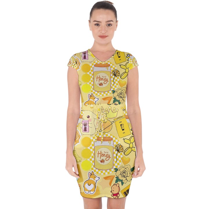 Marillo Pastel Zkt, Aesthetic, Stickers, Yellow Capsleeve Drawstring Dress 