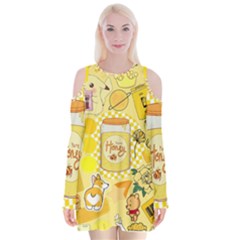 Marillo Pastel Zkt, Aesthetic, Stickers, Yellow Velvet Long Sleeve Shoulder Cutout Dress