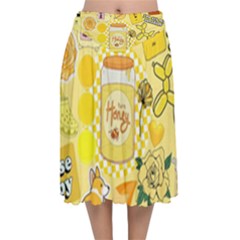 Marillo Pastel Zkt, Aesthetic, Stickers, Yellow Velvet Flared Midi Skirt