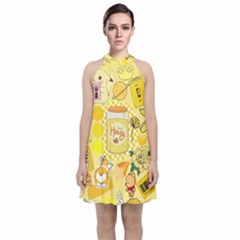 Marillo Pastel Zkt, Aesthetic, Stickers, Yellow Velvet Halter Neckline Dress 