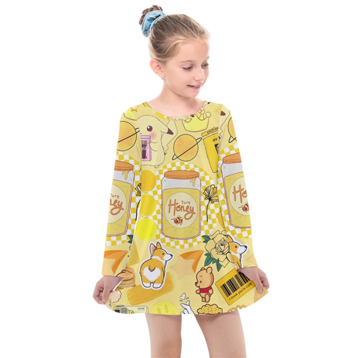 Marillo Pastel Zkt, Aesthetic, Stickers, Yellow Kids  Long Sleeve Dress