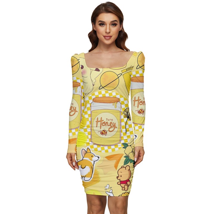 Marillo Pastel Zkt, Aesthetic, Stickers, Yellow Women Long Sleeve Ruched Stretch Jersey Dress