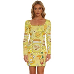 Marillo Pastel Zkt, Aesthetic, Stickers, Yellow Long Sleeve Square Neck Bodycon Velvet Dress by kyorashop23