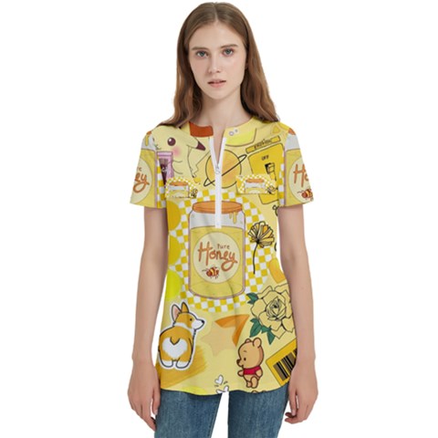 Marillo Pastel Zkt, Aesthetic, Stickers, Yellow Women s Zip Front V-neck Short Sleeve Casual Top Pocket Shirt by kyorashop23