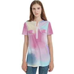 Pastel Ballons, Ballons, Women s Zip Front V-neck Short Sleeve Casual Top Pocket Shirt